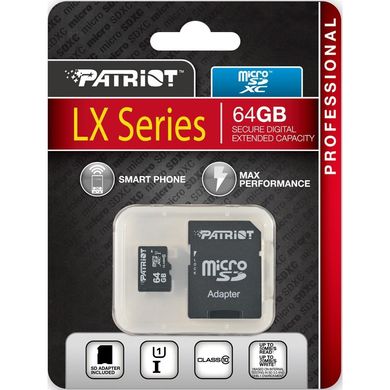 Карта памяти PATRIOT 64 GB microSDXC UHS-I + SD adapter PSF64GMCSDXC10 фото