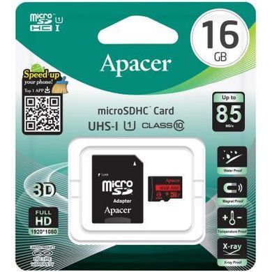 Карта пам'яті Apacer 16 GB microSDHC Class 10 UHS-I R85 + SD adapter AP16GMCSH10U5-R фото