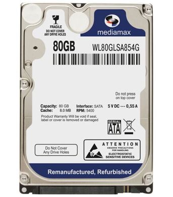 Жорсткий диск Накопитель HDD 2.5" SATA 80GB Mediamax 5400rpm 8MB (WL80GLSA854G) фото
