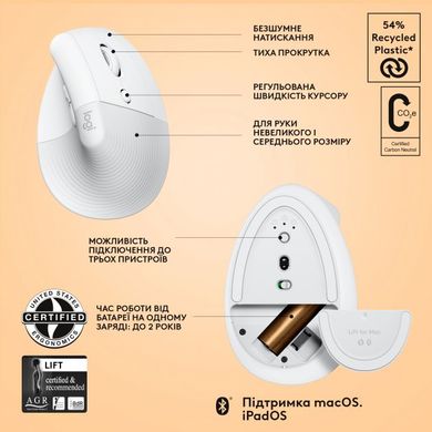 Миша комп'ютерна Logitech Lift for Mac Vertical Ergonomic Mouse Off White (910-006477) фото
