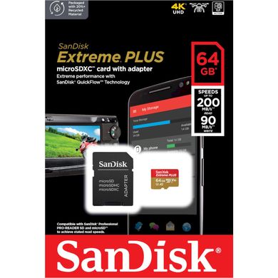 Карта пам'яті SanDisk Extreme PLUS microSDXC 64GB + SD Adapter 200MB/s and 90MB/s A2 C10 V30 UHS-I U8 SDSQXBU-064G-GN6MA фото