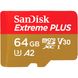 SanDisk Extreme PLUS microSDXC 64GB + SD Adapter 200MB/s and 90MB/s A2 C10 V30 UHS-I U8 SDSQXBU-064G-GN6MA подробные фото товара