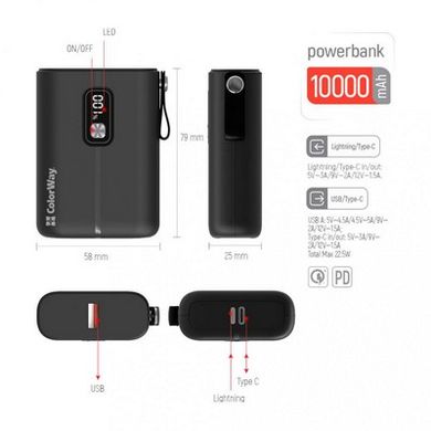 Power Bank ColorWay 10000 mAh Full power USB QC3.0 + USB-C Power Delivery 22.5W (CW-PB100LPK2BK-PDD) фото