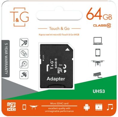 Карта памяти T&G 64 GB microSDXC Class 10 UHS-I (U3) + SD-adapter TG-64GBSDU3CL10-01 фото