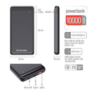 Power Bank ColorWay 10000 mAh Slim USB QC3.0 + USB-C Power Delivery 18W Black (CW-PB100LPG3BK-PD) фото