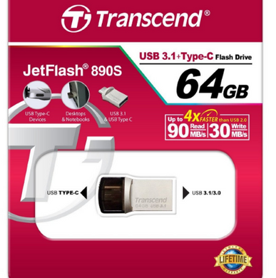 Flash пам'ять Transcend JetFlash 890 64GB USB 3.1 / Type-C Silver (TS64GJF890S) фото