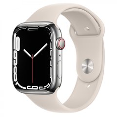 Смарт-часы Apple Watch Series 7 GPS + Cellular 45mm Silver Stainless Steel Case w. Starlight Sport Band (MKJD3) фото