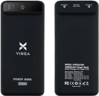 Power Bank Vinga 20000 mAh Black (VPB2QLSBK) фото