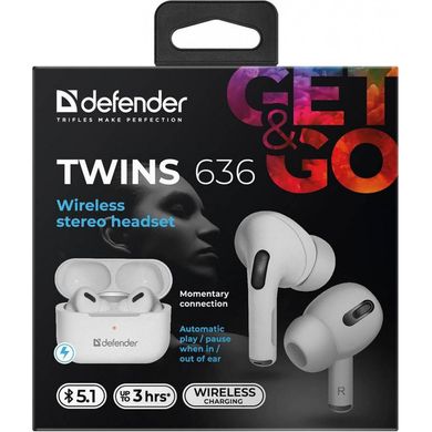 Наушники Defender Twins 636 WhiteTWS Pro Bluetooth (63636) фото