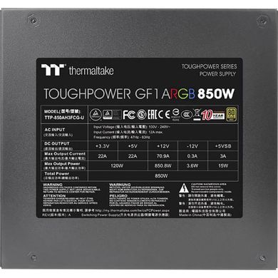 Блок питания Thermaltake Toughpower GF1 ARGB 850 (PS-TPD-0850F3FAGE-1) фото
