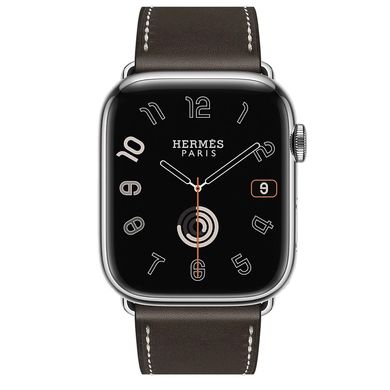 Смарт-часы Apple Watch Hermes Series 9 GPS + Cellular, 45mm Silver Stainless Steel Case with Ebene Deployment Buckle (MRQP3 + H074198CJ46) фото