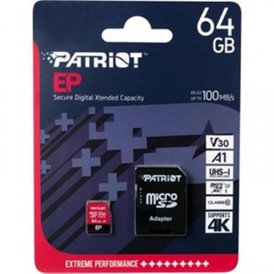 Карта памяти PATRIOT 64 GB microSDXC UHS-I U3 V30 A1 EP + SD adapter PEF64GEP31MCX фото