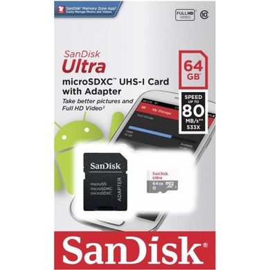 Карта памяти SanDisk 64 GB microSDHC UHS-I Ultra + SD adapter SDSQUNR-064G-GN3MA фото