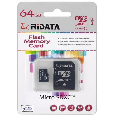 Карта пам'яті RiData 64 GB microSDXC class 10 UHS-I + SD Adapter FF964426 фото