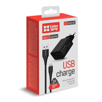 ColorWay 1USB Auto ID 2A (10W) + Lightning Black (CW-CHS012CL-BK)