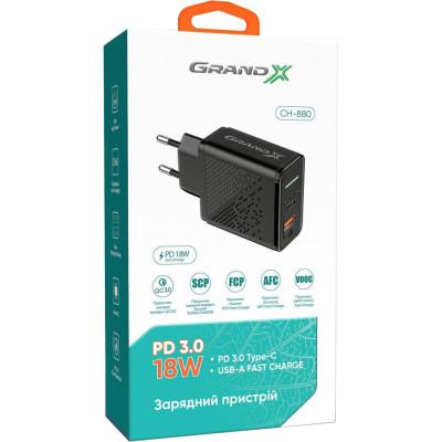 Grand-X CH-880 Power Delivery 6-in-1 PD 3.0, Q?3.0, AFC, SCP, FCP, VOOC 1USB+1TypeC 18W