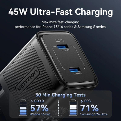 Vention 45W GaN V Fast Charger PD3.0 Black (FEFB0-EU)