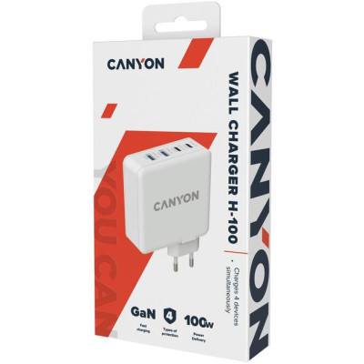 Canyon H-100 GaN 2xUSB-C, 2xUSB-A, PD3.0, QC3.0, 100W White (CND-CHA100W01)