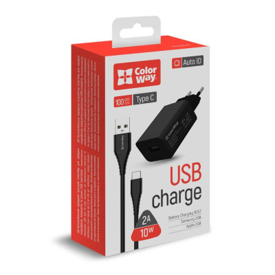 ColorWay 1USB Auto ID 2A (10W) + Type-C Black (CW-CHS012CC-BK)