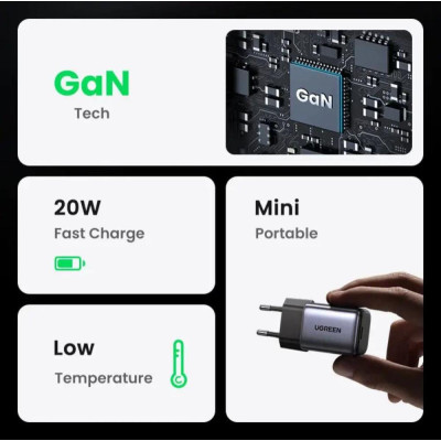 UGREEN CD318 Nexode Mini GaN 20W 1xUSB-C PD3.0 QC4.0 Wall Charger Black (90664)