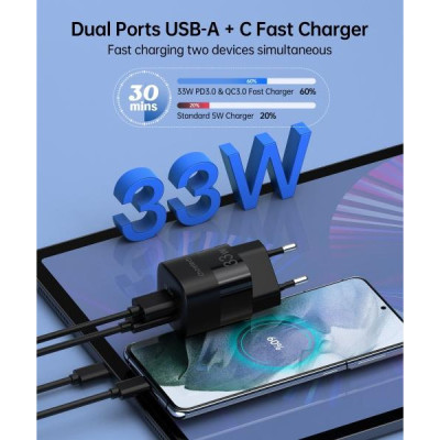 Choetech GaN USB-A/USB-C 33W QC3.0/PD/PPS (PD5006-EU-BK)