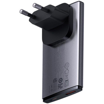Baseus GaN5 Pro Ultra-Slim Fast Charger C+U 65W Overseas Edition Gray + Type-C to Type-C (CCGP150113)