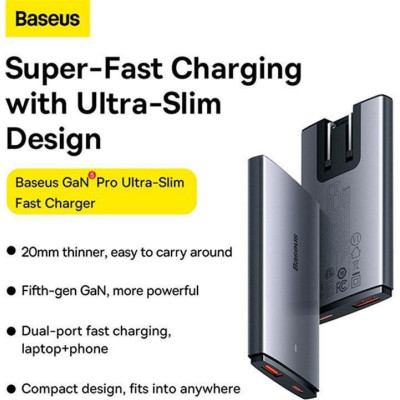 Baseus GaN5 Pro Ultra-Slim Fast Charger C+U 65W Overseas Edition Gray + Type-C to Type-C (CCGP150113)