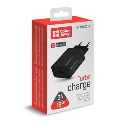 ColorWay 1USB Quick Charge 3.0 (18W) + Lightning Black (CW-CHS013QCL-BK)