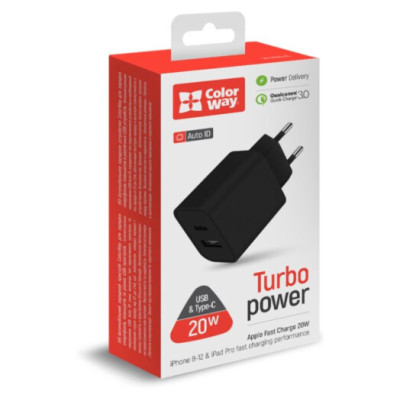 ColorWay Type-C PD + USB QC3.0 20W V2 Black (CW-CHS025QPD-BK)