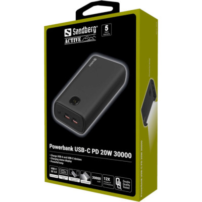 Sandberg 30000mAh PD/20W QC/3.0 USB-C*2 USB-A*2 LED flashlight 2W (420-68)