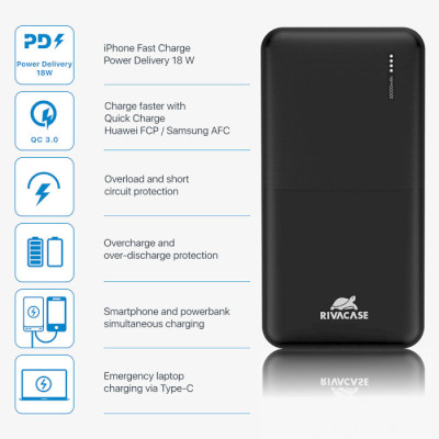 Rivacase Rivapower VA2531 QC3.0, PD3.0 18W 10000mAh Black