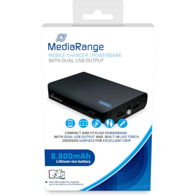 MediaRange Mobile Charger Powerbank 8800 mAh with dual USB output and built-in torch (MR752)