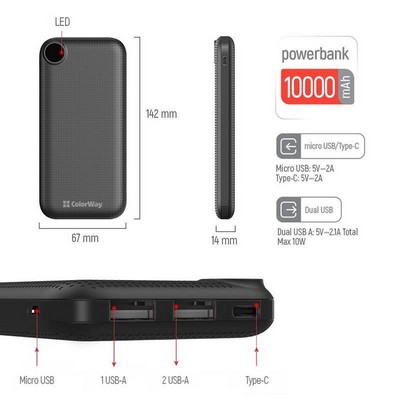 ColorWay 10000 mAh Slim LCD Black (CW-PB100LPH2BK-D)