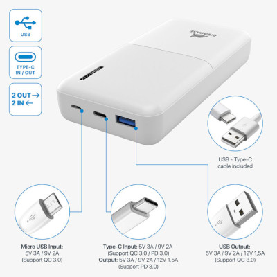 Rivacase RIVAPOWER VA2571 20000mAh QC/PD 18W White