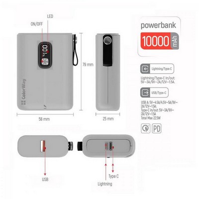 ColorWay 10000 mAh Full power USB QC3.0 + USB-C Power Delivery 22.5W (CW-PB100LPK2WT-PDD)