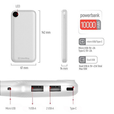 ColorWay 10000 mAh Slim LCD White (CW-PB100LPH2WT-D)
