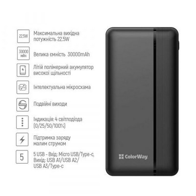 ColorWay 30000 mAh High-power 22.5W Black (CW-PB300LPA3BK-PD)