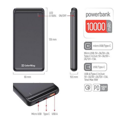 ColorWay 10000 mAh Slim USB QC3.0 + USB-C Power Delivery 18W Black (CW-PB100LPG3BK-PD)