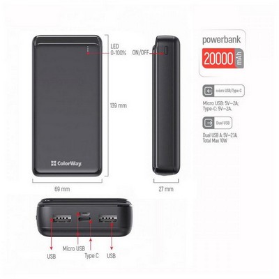 ColorWay 20000 mAh Slim Black (CW-PB200LPD2BK)