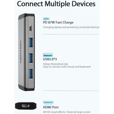 Vention Type-C to HDMI/USB3.0х3/PD 0.15m Gray (CNBHB)