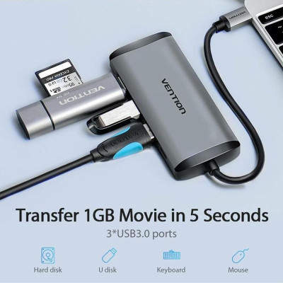 Vention Type-C to HDMI/USB3.0х3/PD 0.15m Gray (CNBHB)