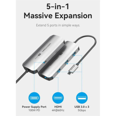 Vention 5-in-1 USB-C to HDMI/USB3.0x3/PD (TQDHB)