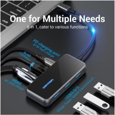 Vention 6-in-1 USB-C to HDMI/USB3.0x3/RJ-45/PD (TFFHB)