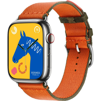 Apple Watch Hermes Series 9 GPS + Cellular, 45mm Silver Stainless Steel Case with Orange/Kaki Twill Jump Single Tour (MRQP3 + MTHK3)