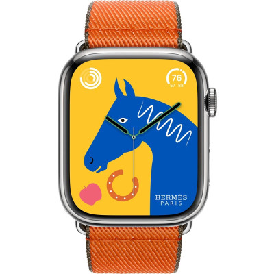 Apple Watch Hermes Series 9 GPS + Cellular, 45mm Silver Stainless Steel Case with Orange/Kaki Twill Jump Single Tour (MRQP3 + MTHK3)