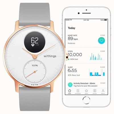 Withings Steel HR Watch 36mm White/Rose Gold with Grey Silicone Band (HWA03b-36white-RG-S.Grey)