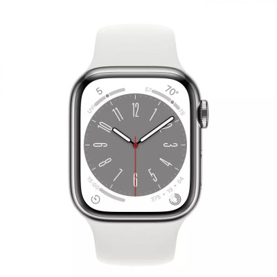 Apple Watch Series 8 GPS + Cellular 45mm Silver S. Steel Case w. White S. Band (MNKE3)