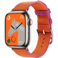 Apple Watch Hermes Series 9 GPS + Cellular, 41mm Silver Stainless Steel Case with Orange / Rose Mexico Twill Jump Single Tour (MRQ43 + MTHG3)