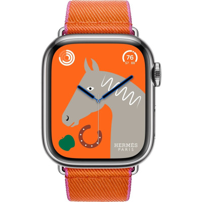 Apple Watch Hermes Series 9 GPS + Cellular, 41mm Silver Stainless Steel Case with Orange/Rose Mexico Twill Jump Single Tour (MRQ43 + MTHG3)