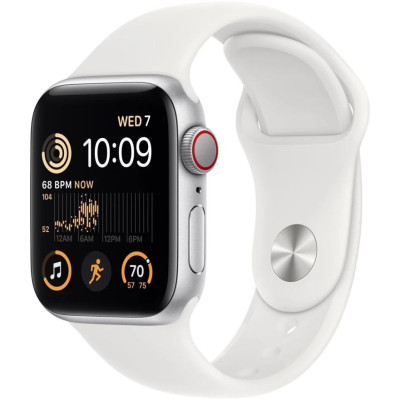 Apple Watch SE 2 GPS + Cellular 44mm Silver Aluminum Case with White Sport Band - M/L (MNU63)